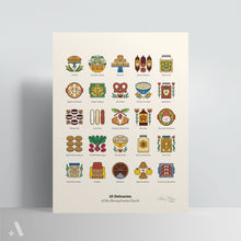 Load image into Gallery viewer, Illustrated Pennsylvania Dutch Foods poster in Arch C size, featuring 25 traditional dishes like soft pretzels, whoopie pies, Lebanon bologna, and corn pie. A larger print perfect for kitchen decor, food lovers, and PA Dutch heritage enthusiasts.