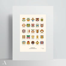 Load image into Gallery viewer, Illustrated Pennsylvania Dutch Foods poster displayed in a white matte, featuring 25 traditional dishes like soft pretzels, whoopie pies, Lebanon bologna, and corn pie. A perfect addition to kitchen decor for food lovers and PA Dutch heritage enthusiasts.