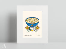 Load image into Gallery viewer, Chicken Corn Soup small print, matted to 8x10”, illustrating this comforting Pennsylvania Dutch dish made with corn and chicken. A perfect piece to complement your kitchen decor and food collection.
