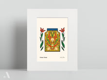 Load image into Gallery viewer, Illustrated Chow Chow small print, matted to 8x10”, featuring this classic Pennsylvania Dutch pickled vegetable dish. A beautifully detailed folk art print, perfect for kitchen decor and heritage food lovers.