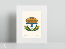 Load image into Gallery viewer, Corn Pie small print, matted to 8x10”, depicting this traditional Pennsylvania Dutch comfort food with a rich, creamy corn filling. Perfect for kitchen decor and fans of hearty, nostalgic dishes.