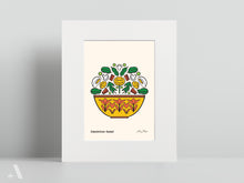 Load image into Gallery viewer, Illustrated Dandelion Salad small print, matted to 8x10”, showcasing this fresh, bitter green that’s a classic Pennsylvania Dutch dish. A beautiful print to add a touch of spring to your kitchen.