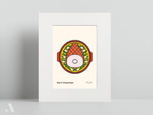 Load image into Gallery viewer, Illustrated Ham & String Beans small print, matted to 8x10”, showcasing this hearty Pennsylvania Dutch dish made with tender ham and fresh string beans. A beautifully detailed folk art print, perfect for rustic kitchen decor and comfort food lovers.