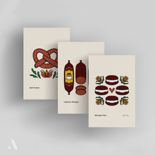 Load image into Gallery viewer, Set of three Pennsylvania Dutch Foods small prints featuring illustrated Whoopie Pies, Lebanon Bologna, and Soft Pretzel. A beautifully detailed collection celebrating PA Dutch culinary heritage, perfect for kitchen decor and food lovers.