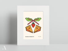 Load image into Gallery viewer, Illustrated Strawberry Rhubarb Pie small print, matted to 8x10”, featuring this classic Pennsylvania Dutch dessert made with a tangy rhubarb filling and sweet strawberries. A beautifully detailed folk art print, perfect for kitchen decor and food lovers.