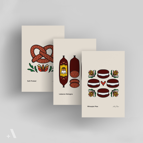 Set of three Pennsylvania Dutch Foods small prints featuring illustrated Whoopie Pies, Lebanon Bologna, and Soft Pretzel. A beautifully detailed collection celebrating PA Dutch culinary heritage, perfect for kitchen decor and food lovers.